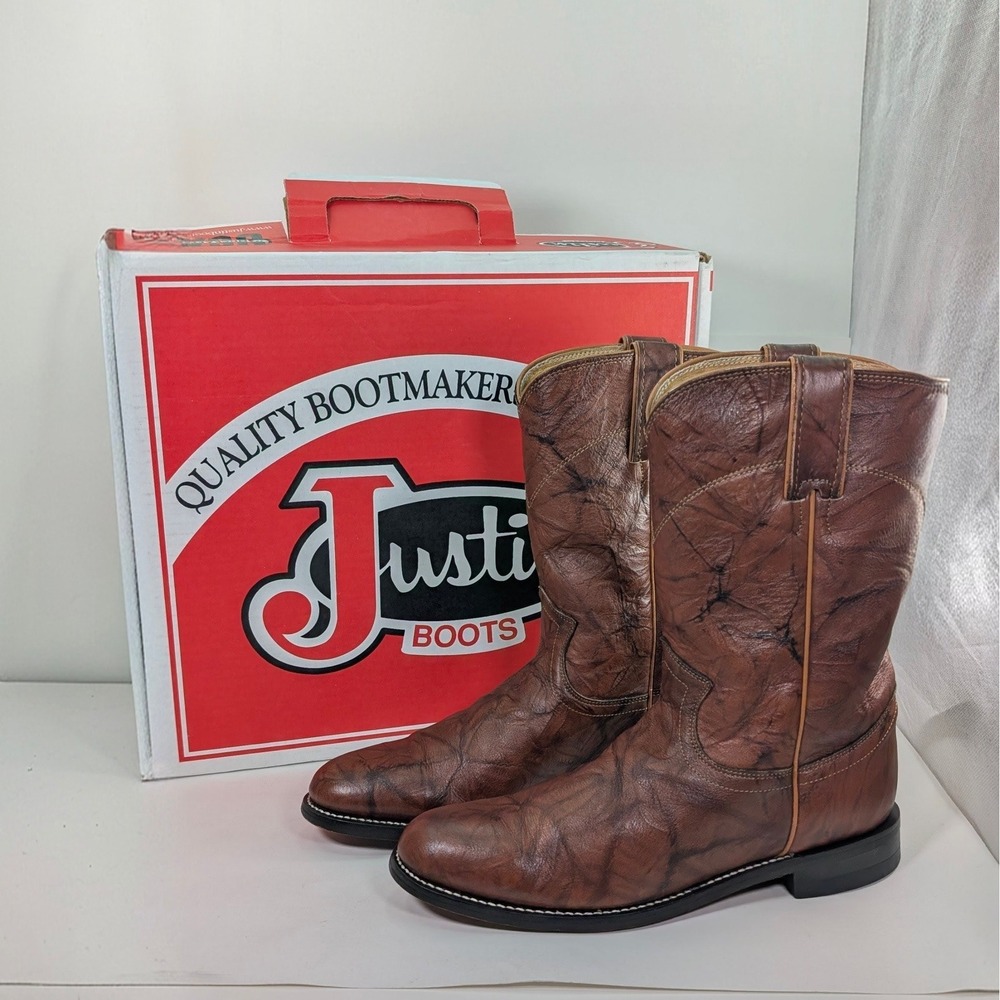 Justin‎ Classic Western Roper Boots Round Toe Womens 7.5 B Brown Text Leather